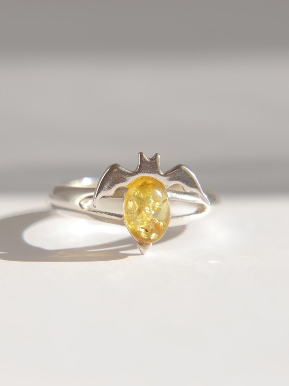 Lemon Amber Bat Ring in Sterling Silver